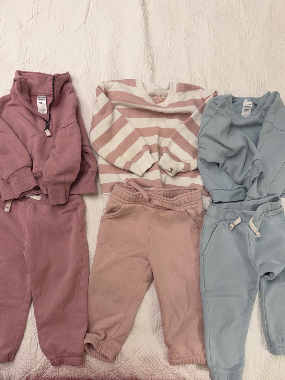 Cat & Jack and Carter’s Fleece Jogger Pants and Sweatshirts. 18 months.